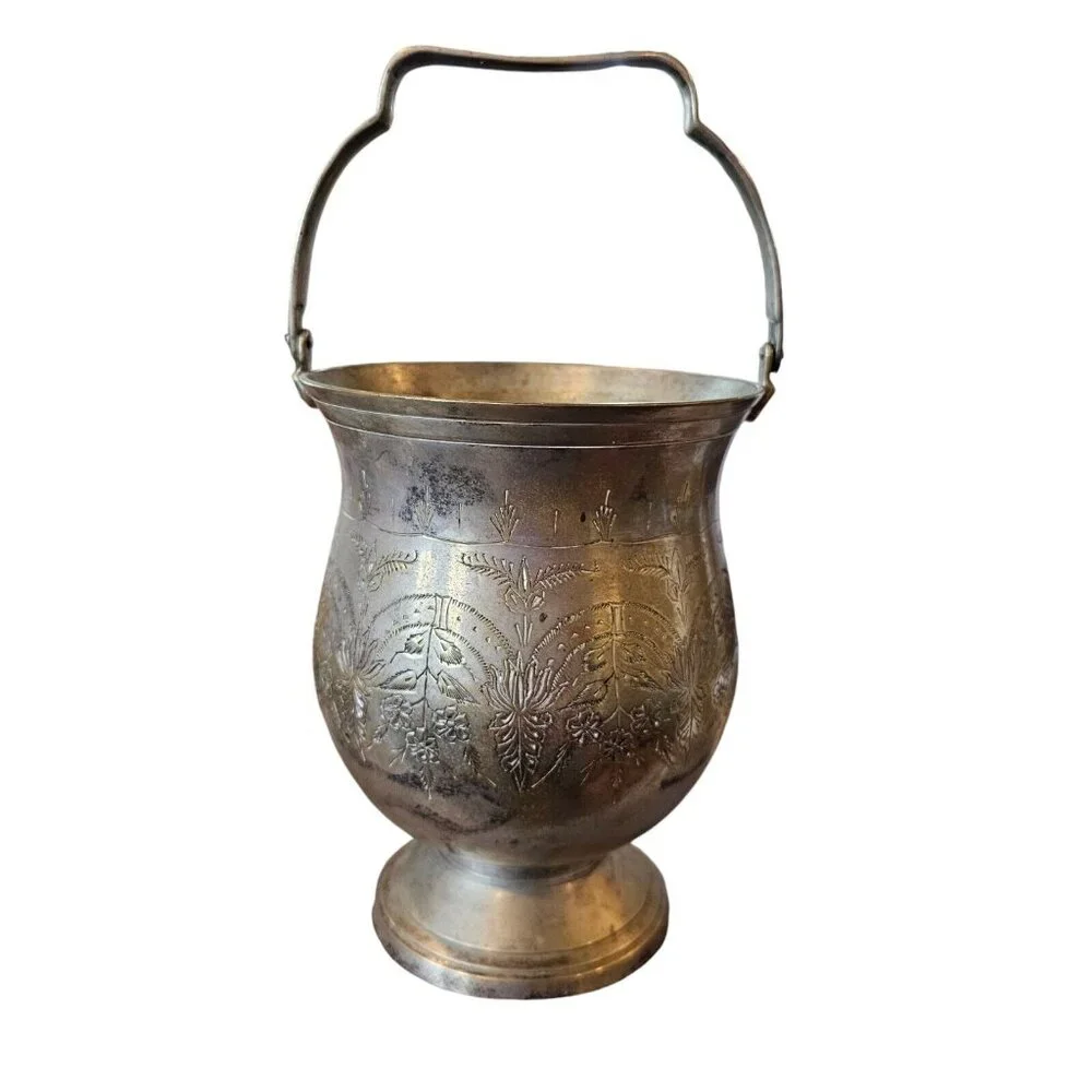 Vintage Etched Silver Plated Deco Bowl Vase With Handle Floral Design Art Nouvea